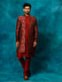 Vastramay Men's Red Jacquard Indo Western With Maroon Viscose Kurta Pant Set